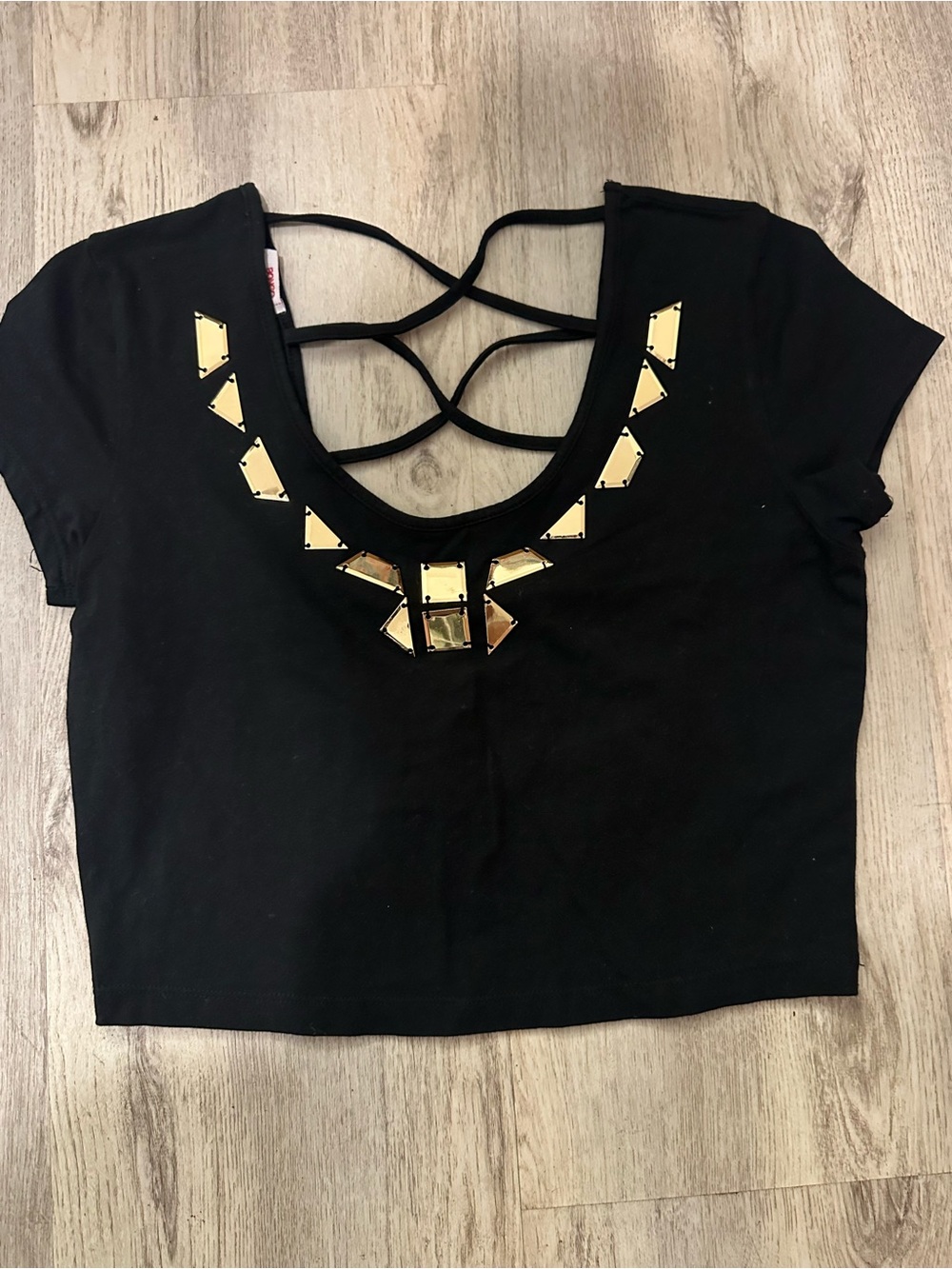 Black Cropped Women's Top with Gold Stud Detail